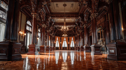 Fototapeta premium Boutique-style office workspace with moody lighting, velvet upholstery, gold-framed art, and rich textures captured in a wide-angle interior design shot.