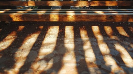 Naklejka premium A serene park bench constructed from recycled wood, sunlight casting long shadows on the ground