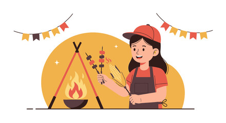 Fototapeta premium Charming Illustration Of Young Woman Grilling Skewers Over Campfire During Summer Vacation