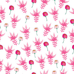 A seamless floral pattern featuring delicate pink flowers and light peach buds intertwined with green foliage. This elegant botanical design is ideal for textiles, wallpapers, stationery.