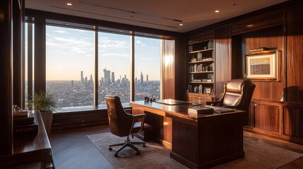 Executive corner office with panoramic city skyline view, rich dark wood paneling, custom mahogany desk, and soft ambient lighting, wide-angle composition.

