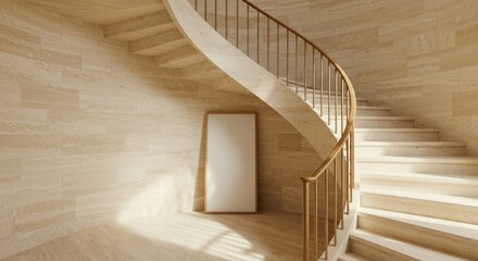 Elegant Staircase Interior: A gracefully winding staircase of wood invites ascent, casting inviting shadows. A vertical canvas poised below it hints at a blend of structure and artistic expression. 