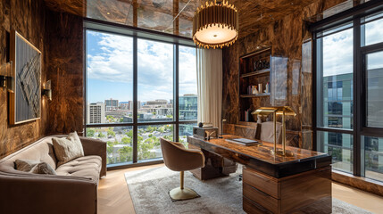Modern CEO office featuring a curved walnut desk, leather Chesterfield sofa, whiskey bar, and warm ambient lighting in a stylish executive setting.

