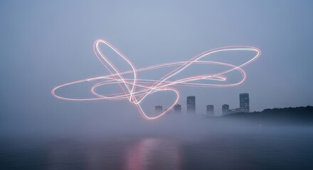 Light trails over foggy city skyline at dusk with interactive patterns
