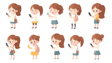 Fototapeta premium Cute Female Characters Mobile Phone Illustration