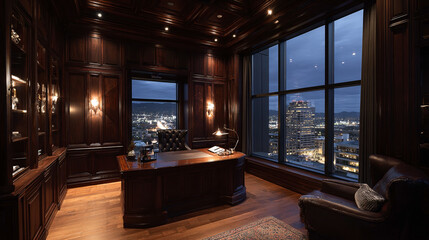 Designer workspace featuring Italian marble floors, brushed metal accents, bespoke furniture, and floor-to-ceiling windows in a wide-angle architectural shot.

