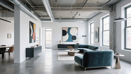 Designer workspace featuring Italian marble floors, brushed metal accents, bespoke furniture, and floor-to-ceiling windows in a wide-angle architectural shot.

