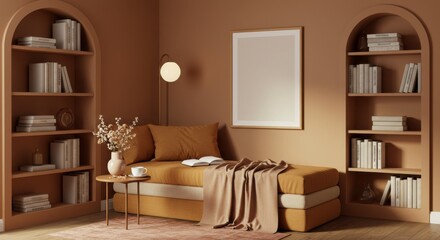 Serene Reading Nook: A cozy and inviting reading nook showcases a curated collection of books within stylish shelves, creating a warm and inviting ambiance for relaxation and literary escape.