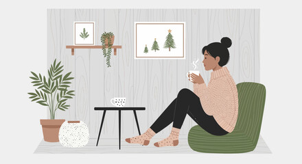 Cozy Winter Morning Woman Enjoying Tea at Home Illustration for Adobe Stock