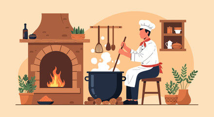 Authentic Preparation Illustration Of Chef Making Traditional Cuisine In Hearth