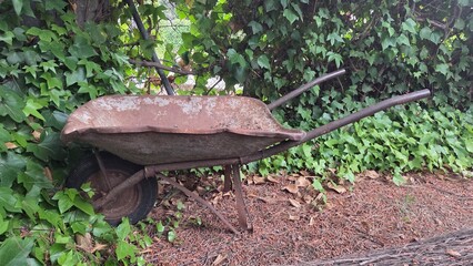 Rustic garden wheelbarrow in lush greenery for backyard decoration and landscaping inspiration