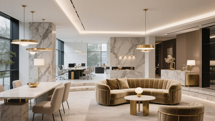 Luxury penthouse office featuring a fireplace, cognac leather sofa, and panoramic skyline backdrop. Warm evening glow adds elegance and sophistication to the space.

