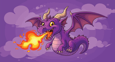 Obraz premium Purple Dragon Breathing Fire in the Sky