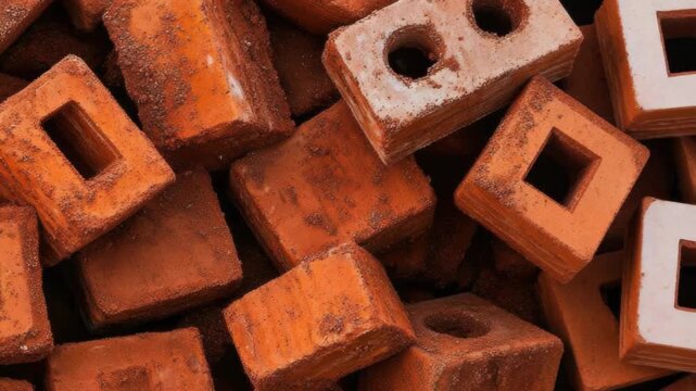Pile of red bricks with holes, great for construction or architectural backgrounds