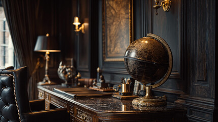 Neoclassical office interior with ornate moldings, a grand chandelier, and a velvet-upholstered desk. Elegant and timeless workspace with classical luxury and refined details.

