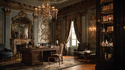 Neoclassical office interior with ornate moldings, a grand chandelier, and a velvet-upholstered desk. Elegant and timeless workspace with classical luxury and refined details.

