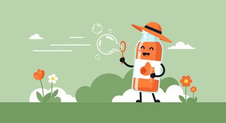 Fototapeta premium Cheerful Juice Character Blowing Bubbles On a Summer Day Outdoors