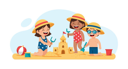 Cheerful Kids Building A Sandcastle Together At The Beach On Sunny Day