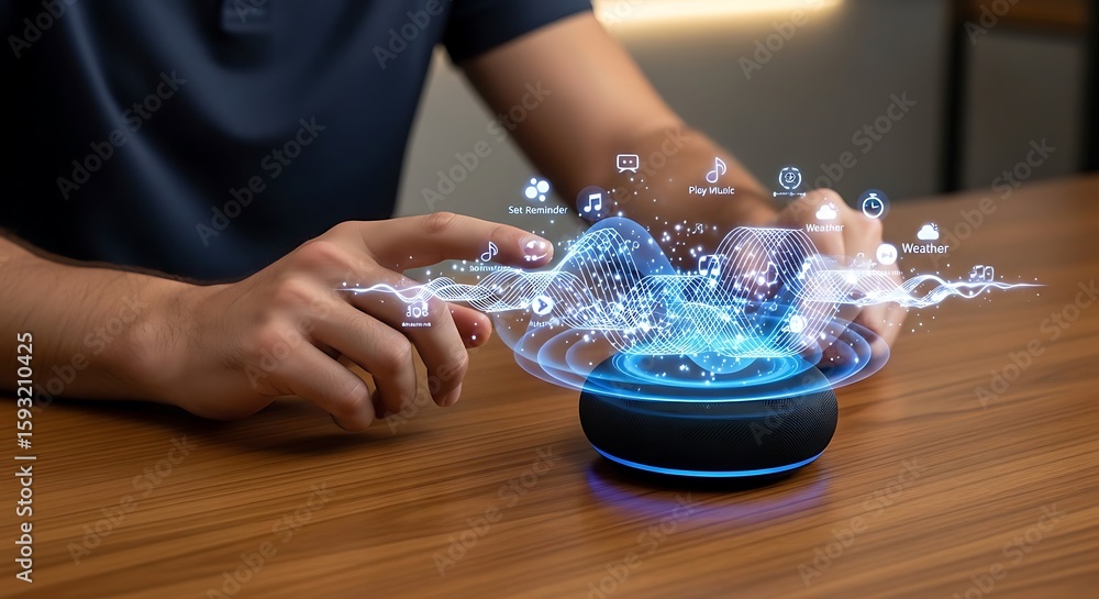 Poster a person interacting with a smart home device, displaying digital interface.
