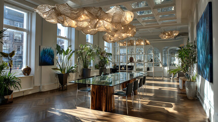 Artistic luxury workspace featuring sculptural decor, custom lighting, and sleek glass furniture in a stylish and modern interior setting.

