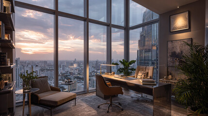 Luxurious penthouse office featuring glass walls, a designer desk, upscale decor, and panoramic city skyline views with modern and elegant ambiance.

