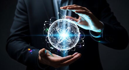 A businessman carefully cradles a glowing, interconnected digital sphere, symbolizing global connectivity and technological innovation.