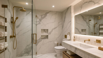Spa-inspired ensuite bathroom featuring a walk-in glass shower, marble walls, and gold rain shower for a serene and luxurious interior experience.


