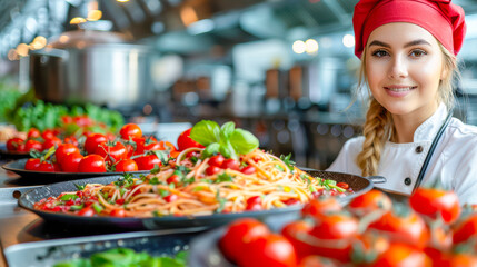 Obraz premium Female chef preparing delicious pasta dish with fresh ingredients in a vibrant kitchen setting