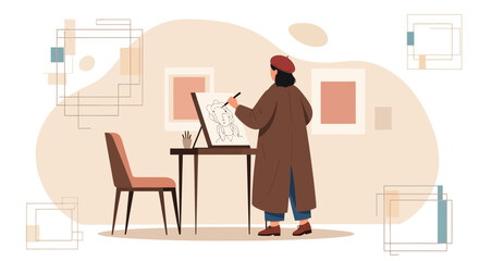 Creative Studio Setting With An Artist Sketching A Portrait On Easel