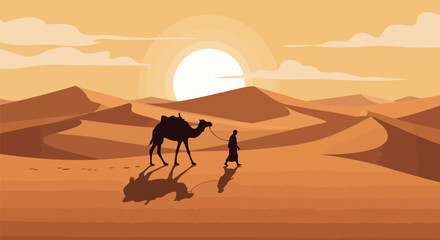 Man Walking with Camel in the Desert at Sunset