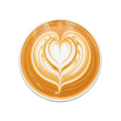 Latte art heart design in a white cup, a delicious coffee beverage with a creamy texture and appealing presentation.