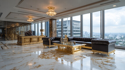 Luxury office with marble floors, floor-to-ceiling windows, high-end leather furniture, and golden accents—ideal virtual background for Zoom meetings, webinars, and executive video calls.

