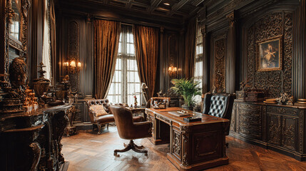 Classic European-style executive office featuring ornate wood carvings, velvet drapes, and antique decor—ideal virtual background for Zoom calls, webinars, and professional meetings.

