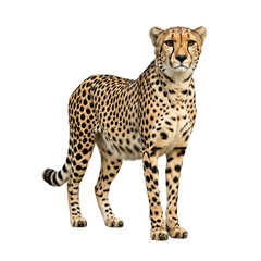 Majestic cheetah stands gracefully, showcasing its beautiful spotted coat and captivating gaze on a transparent background.