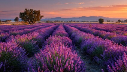 Obraz premium Lavender field at sunrise. Vast expanse of vibrant purple lavender blossoms stretching across rows under a soft sunrise sky