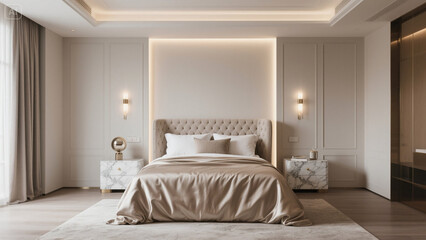Elegant luxury bedroom with a king-size upholstered bed, silk bedding, and indirect lighting—ideal virtual background for Zoom calls, lifestyle videos, and professional consultations.

