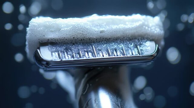 A close-up view of a razor blade covered in soap, ready for shaving