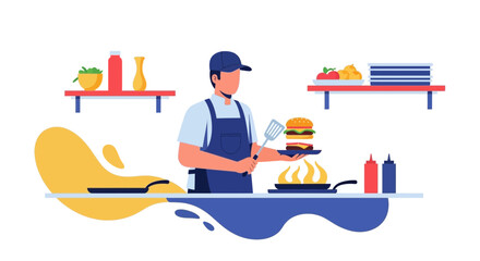 Culinary Artist Prepares a Mouthwatering Burger in Modern Kitchen Setting