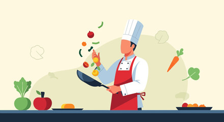Culinary Artistry Chef Tossing Vegetables in Frying Pan Skillfully Demonstrating Cooking Technique