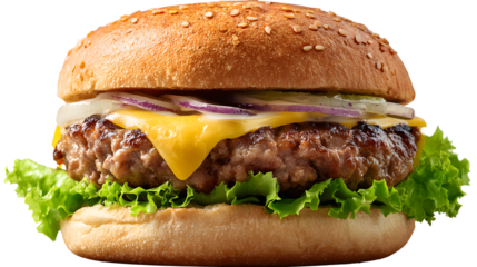 Front view of a burger with Beef onions and cheese isolated on a white background
