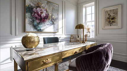 Elegant home office with a marble-top desk, gold hardware, velvet chair, and tasteful artwork—ideal virtual background for Zoom calls, webinars, interviews, and remote work sessions.


