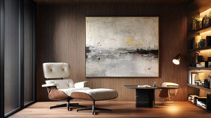 Minimalist luxury office with white oak paneling, an Eames lounge chair, soft diffused lighting, and a single abstract painting—ideal virtual background for Zoom and professional video calls.

