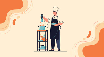 Culinary Creation Chef Preparing Gourmet Soup With Immersion Blender At Station