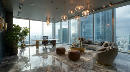 Designer workspace with Italian marble floors, brushed metal accents, bespoke furniture, and floor-to-ceiling windows—ideal virtual background for Zoom calls and high-end remote meetings.


