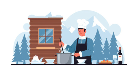 Culinary Delights In A Snowy Landscape Chef Making Dinner At Cabin