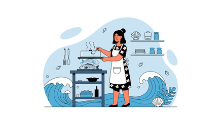 Culinary Delights A Woman Prepares A Meal In A Seafood-Inspired Coastal Kitchen