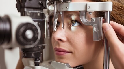 Woman Undergoing Eye Exam with Phoropter at Clinic