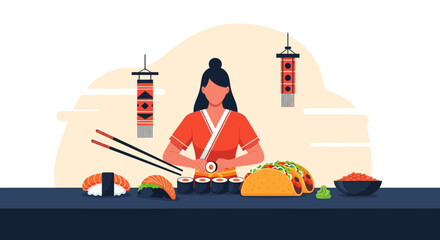 Culinary Fusion Woman Preparing Sushi And Tacos With Traditional Lanterns