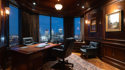 Executive corner office with panoramic city skyline views, dark wood paneling, custom mahogany desk, and soft ambient lighting—ideal for Zoom calls, webinars, and professional video meetings.

