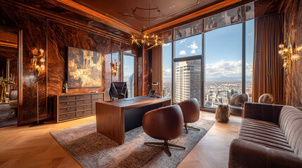 Ultra-luxury workspace with custom wood veneer walls, bronze fixtures, plush velvet accents, and panoramic views—perfect virtual background for Zoom meetings and executive video calls.

